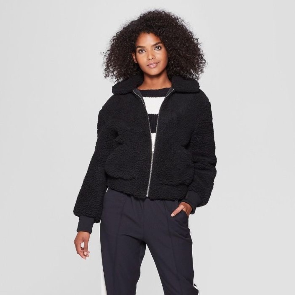 Who What Wear Black Teddy Bomber Jacket, Size S